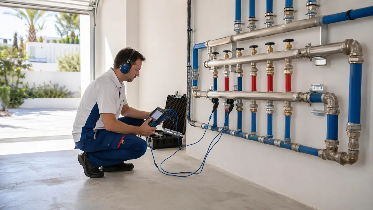 Técnico revisando con cámara térmica una instalación comunitaria en Benalmádena