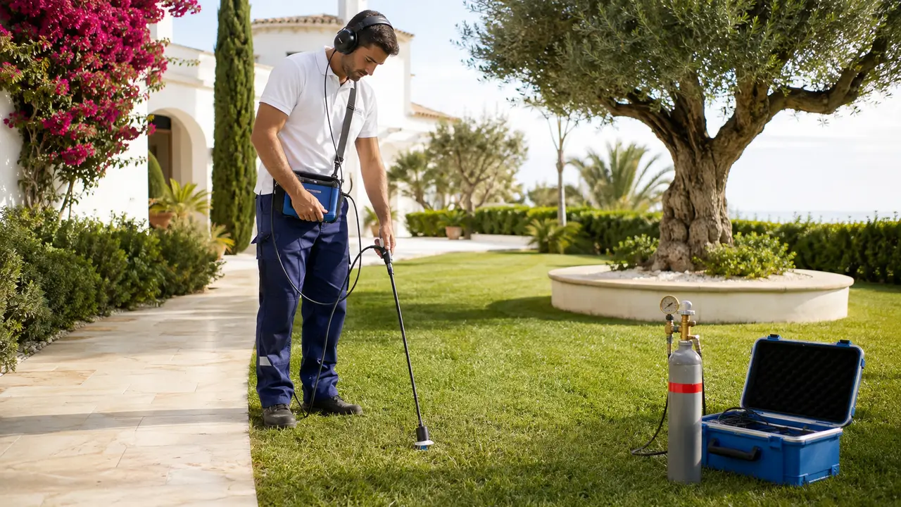 Especialista buscando una fuga de agua en una zona exterior ajardinada de Benalmádena